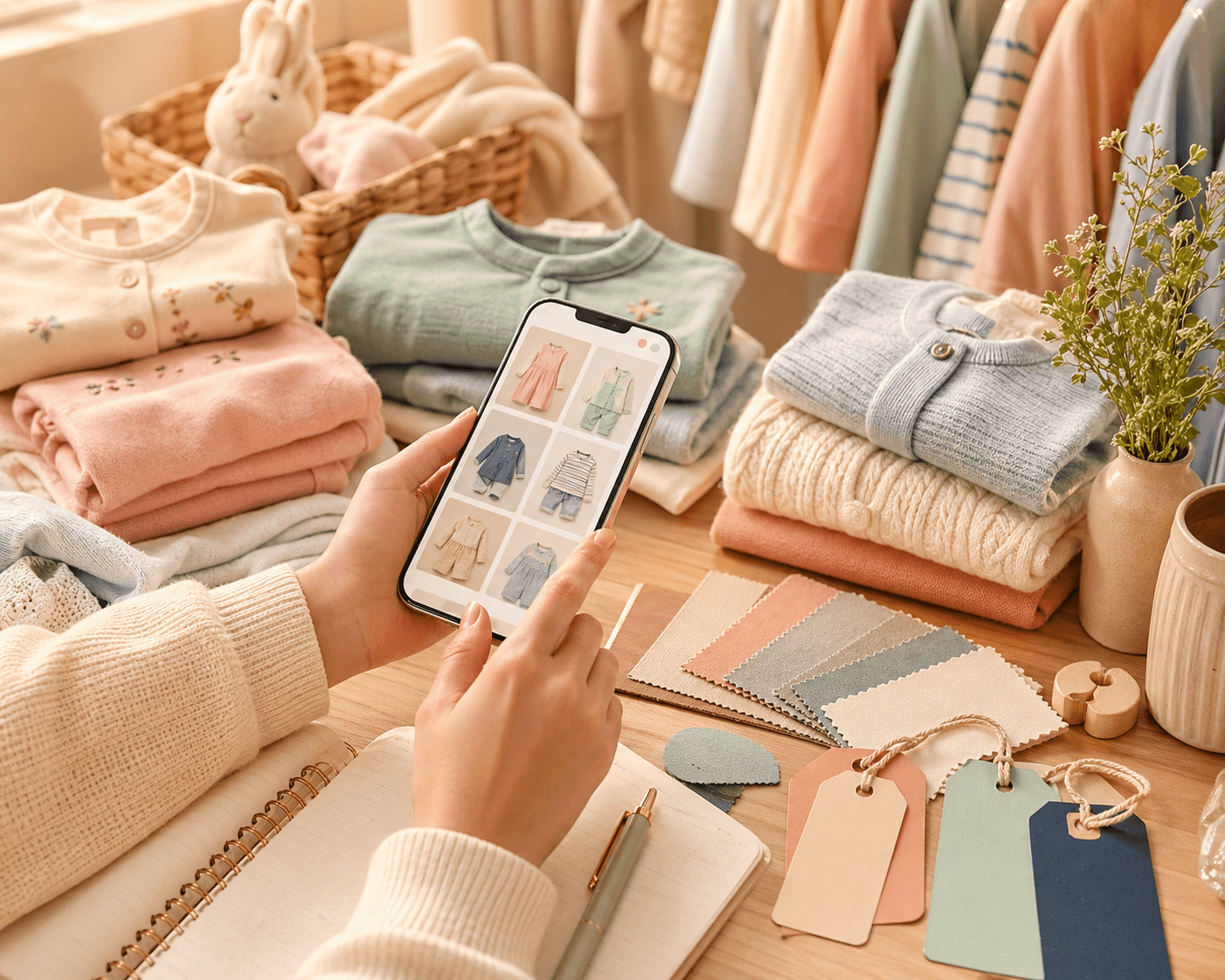 Buyer selecting kidswear styles on a phone